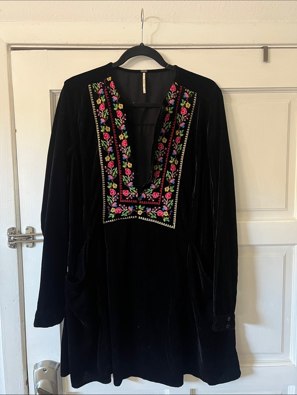 Free People Black Velvet Tunic Dress with Multicolor Floral Embroidery